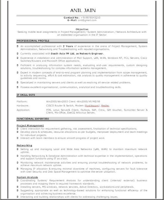 Sample resume for networking administrator